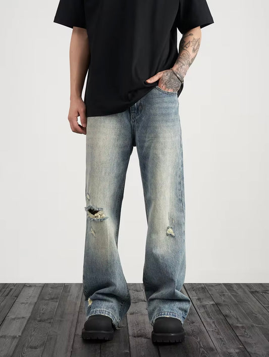 ZAPRE Relax Fit Distressed Stone Washed Blue Jeans