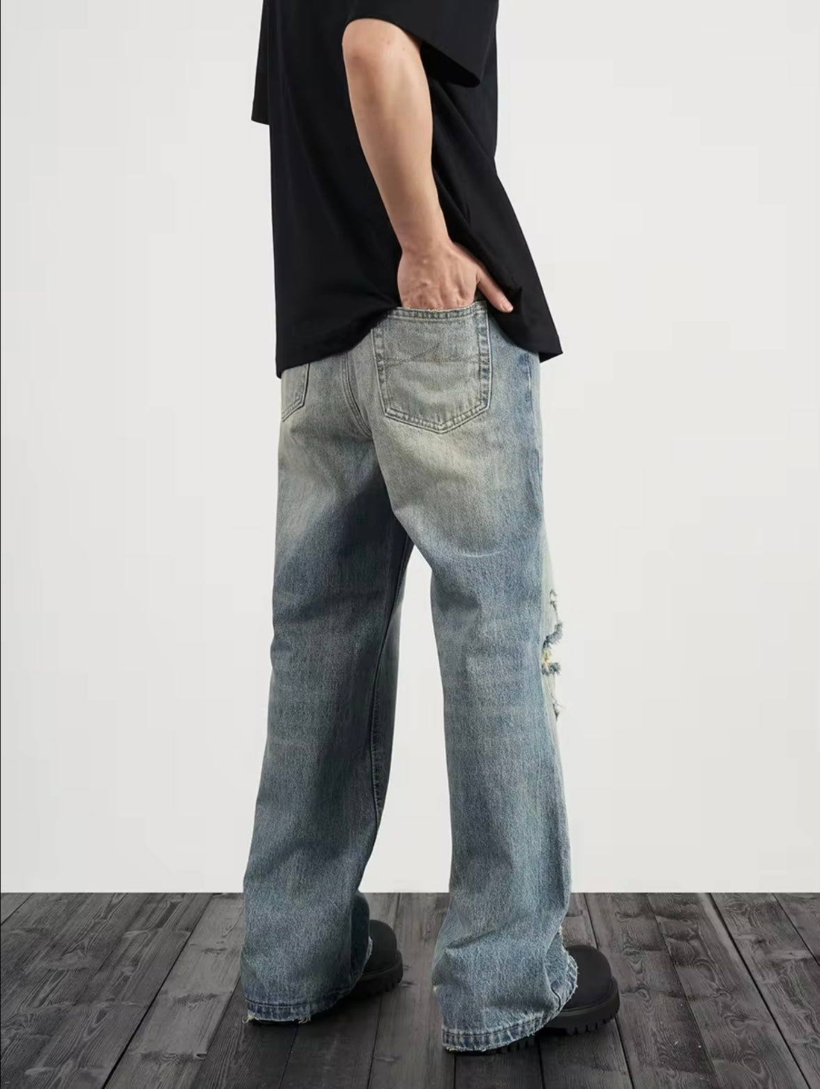 ZAPRE Relax Fit Distressed Stone Washed Blue Jeans
