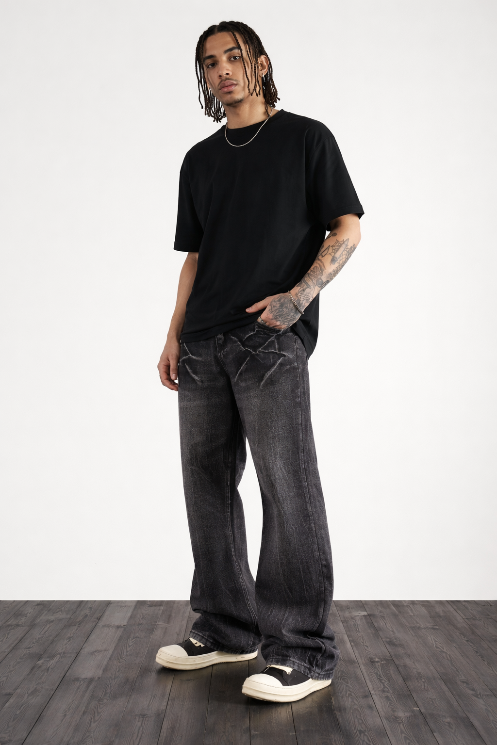 ZAPRE Relax Fit Stone Washed Black Jeans